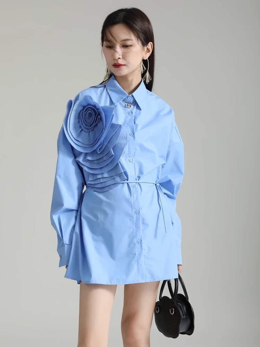 Sculptural Flower Light Blue Button-Up Dress Shirt